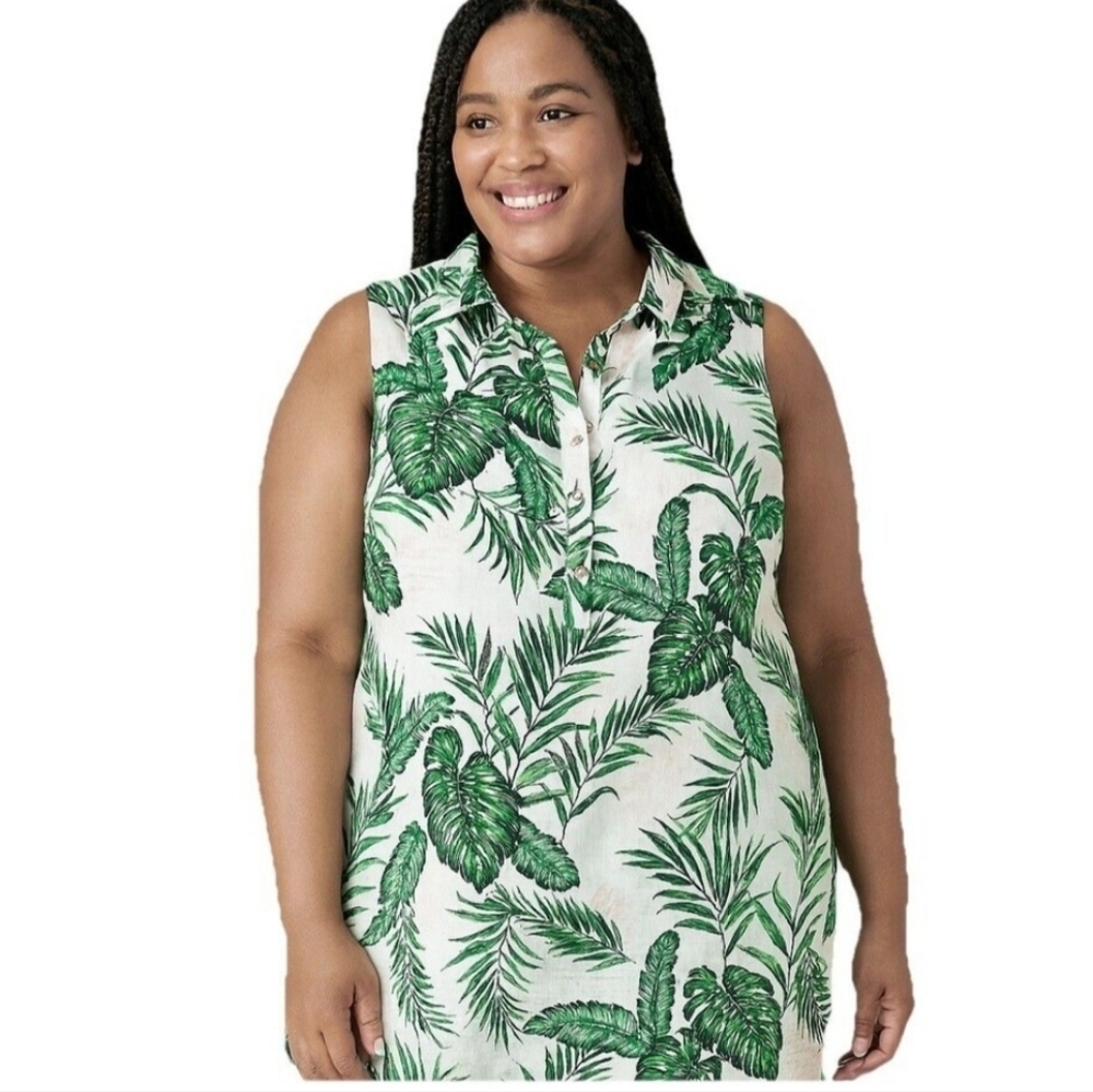 C&C California Sleeveless 100% Linen Palm Leaf Shift Dress Beach Size 1X